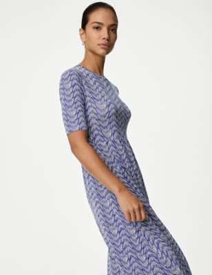 

Womens M&S Collection Jersey Printed Midi Waisted Dress - Blue Mix, Blue Mix