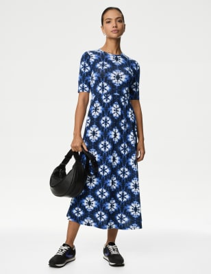 

Womens M&S Collection Jersey Printed Midi Waisted Dress - Navy Mix, Navy Mix