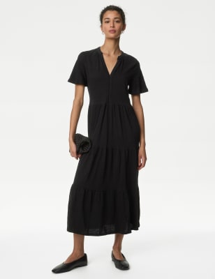 

Womens M&S Collection Pure Cotton Jersey V-Neck Midi Tiered Dress - Black, Black