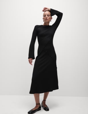 

Womens M&S Collection Bequemes Midaxi-Skaterkleid aus Jersey mit Muster - Black, Black