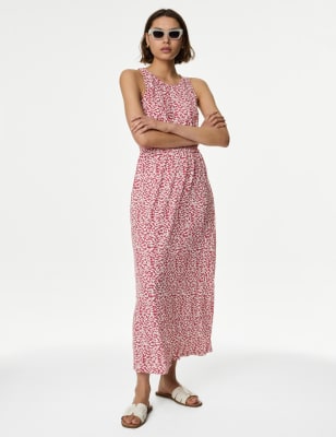 

M&S Collection Vestido a media pierna a la cintura de lino estampadoWomens - Red Mix, Red Mix
