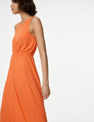 

Womens M&S Collection Linen Rich Jersey Round Neck Midi Waisted Dress - Orange, Orange