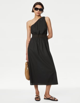 

Womens M&S Collection Pure Cotton One Shoulder Midi Waisted Dress - Black, Black