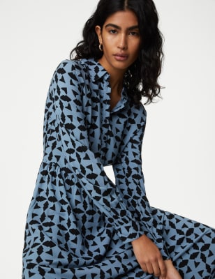 

Womens M&S Collection Printed Button Front Midi Shirt Dress - Blue Mix, Blue Mix