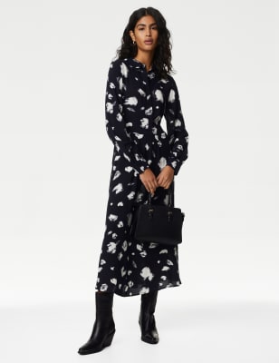 M&S Women's Printed Button Front Midi Shirt Dress - 14TAL - Ecru Mix, Ecru Mix