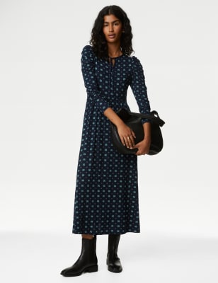 

Womens M&S Collection Jersey Printed Tie Neck Midi Column Dress - Navy Mix, Navy Mix