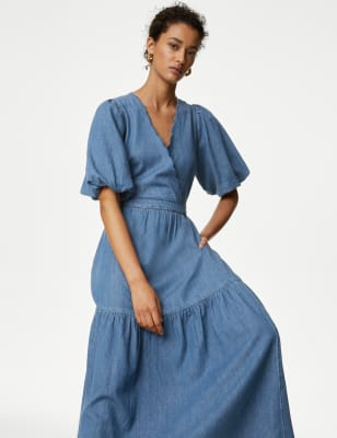 

Womens M&S Collection Denim V-Neck Midi Wrap Dress, Denim