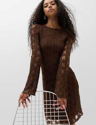Womens M&S Jersey Lace Mini Skater Dress, Dark Chocolate