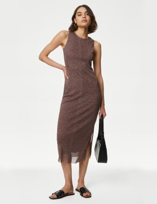 

Womens M&S Collection Mesh Sparkly Round Neck Midi Bodycon Dress - Conker, Conker