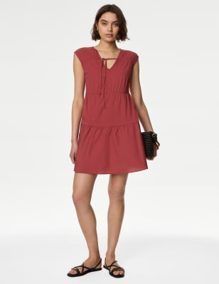 

Womens M&S Collection Pure Cotton Tie Neck Mini Tiered Dress - Oxblood, Oxblood