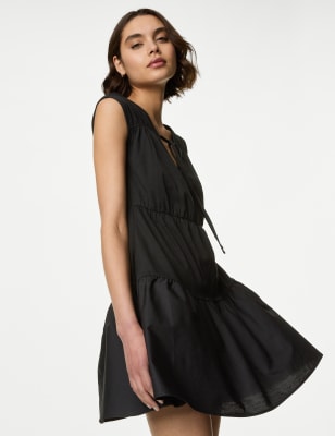 

Womens M&S Collection Pure Cotton Tie Neck Mini Tiered Dress - Black, Black