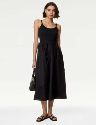 

Womens M&S Collection Midi-Skaterkleid mit hohem Baumwollanteil und Rippenmuster - Black, Black