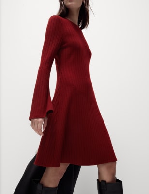 

Womens M&S Collection Jersey Ribbed Mini Skater Dress - Dark Red, Dark Red