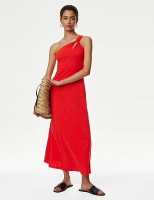 

Womens M&S Collection Pure Cotton One Shoulder Midi Relaxed Dress - Poppy, Poppy
