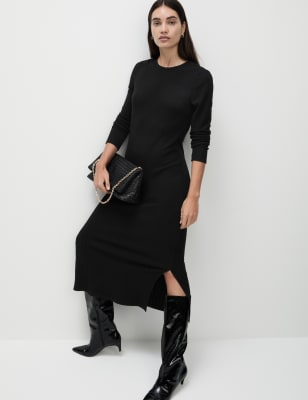 

M&S Collection Vestido columna de punto acanalado a media pierna con brillosWomens - Black, Black