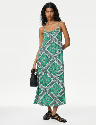 

Womens M&S Collection Printed Square Neck Midi Cami Slip Dress - Green Mix, Green Mix