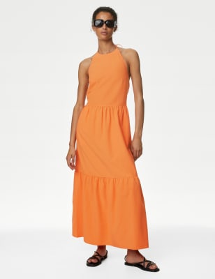 

M&S Collection Vestido a media pierna en capas con algodón con cuello HalterWomens - Orange, Orange