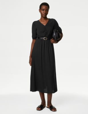 

Womens M&S Collection V-Neck Puff Sleeve Midi Waisted Dress - Black, Black