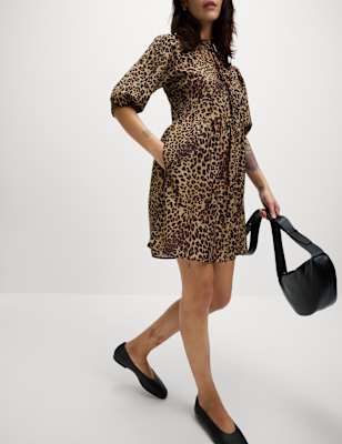 

Womens M&S Collection Lyocell Rich Leopard Print Mini Waisted Dress, Brown Mix