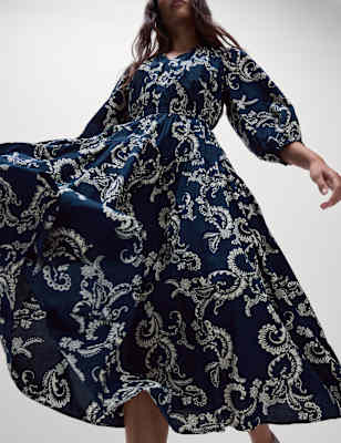

Womens M&S Collection Pure Cotton Printed V-Neck Midi Waisted Dress, Navy Mix