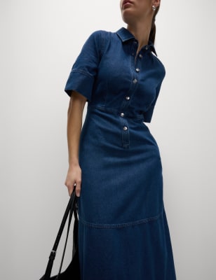 

Womens M&S Collection Denim Button Front Midi Shirt Dress, Denim