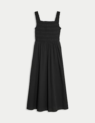 Womens M&S Collection Pure Cotton Textured Midi Waisted Dress, Black