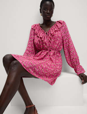 

Womens M&S Collection Floral V-Neck Mini Waisted Dress, Pink Mix