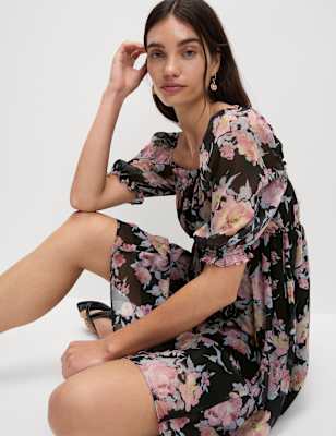 

Womens M&S Collection Printed Floral Square Neck Mini Waisted Dress, Navy Mix