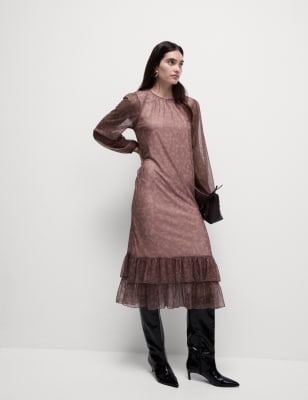 

Womens M&S Collection Sheer Printed Ruffle Midi Relaxed Dress - Soft Brown Mix, Soft Brown Mix