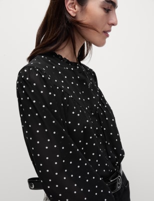 

Womens M&S Collection Polka Dot Frill Neck Button Through Blouse - Black Mix, Black Mix