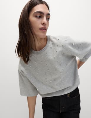 

M&S Collection Top de mezcla de algodón con adornosWomens - Grey, Grey