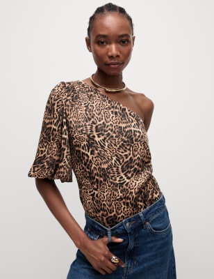 

Womens M&S Collection Animal Print One Shoulder Blouse - Brown Mix, Brown Mix