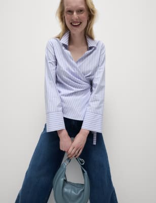 

Womens M&S Collection Hemd aus reiner Baumwolle mit Bindedetail vorne und Streifenmuster - Dark Blue Mix, Dark Blue Mix