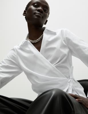 

Womens M&S Collection Pure Cotton Collared Tie Front Wrap Shirt - White, White