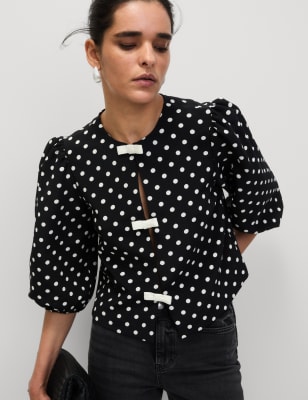 

Womens M&S Collection Polka Dot Puff Sleeve Blouse - Black Mix, Black Mix