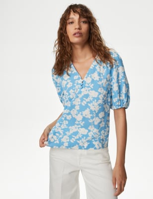 

Womens M&S Collection Floral V-Neck Blouse - Blue Mix, Blue Mix