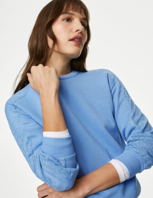 

Womens M&S Collection Cotton Rich Lace Detail Sweatshirt - Blue, Blue