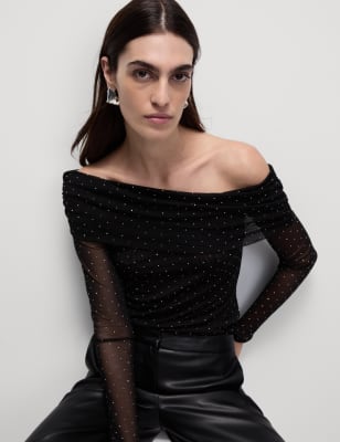 

Womens M&S Collection Embellished Off The Shoulder Bardot Top - Black, Black