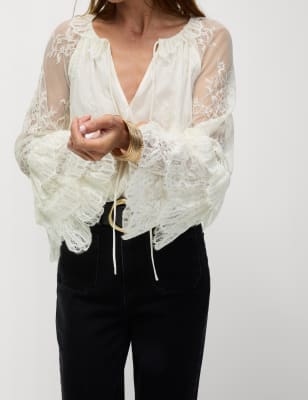 

Womens M&S Collection Lace Embroidered Tie Neck Blouse - Ivory, Ivory