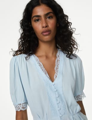 

Womens M&S Collection Bluse mit V-Ausschnitt und Spitzendetail - Ice Blue, Ice Blue