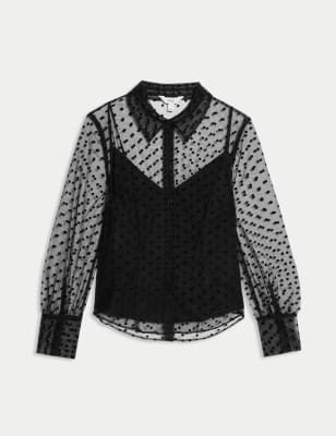 

Womens M&S Collection Sheer Polka Dot Collared Shirt - Black, Black