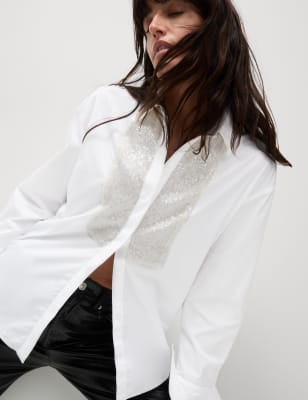 

Womens M&S Collection Pure Cotton Sequin Sparkly Collared Shirt - Soft White, Soft White