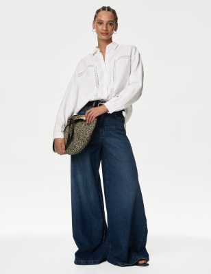 

Womens M&S Collection Hemd mit hohem Leinenanteil, Kragen und Spitzeneinsatz - Soft White, Soft White