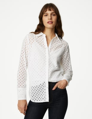 

Womens M&S Collection Pure Cotton Broderie Shirt - Soft White, Soft White