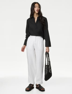 

Womens M&S Collection Linen Rich V-Neck Popover Blouse - Black, Black