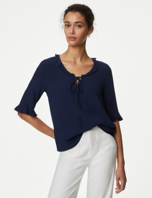 

Womens M&S Collection Tie Neck Frill Detail Blouse - Navy, Navy