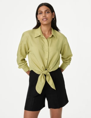 

Womens M&S Collection Lyocell Rich Tie Front Shirt with Linen - Onyx, Onyx