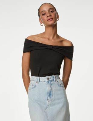 

Womens M&S Collection Bow Detail Off The Shoulder Bardot Top - Black, Black