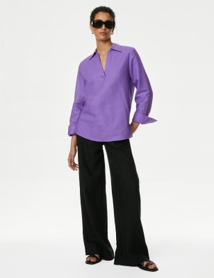 

Womens M&S Collection Linen Rich Popover Blouse - Purple, Purple