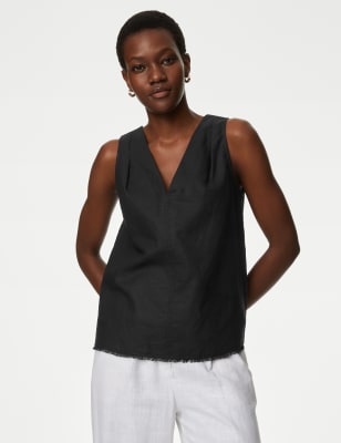 

Womens M&S Collection Oberteil mit hohem Leinenanteil und V-Ausschnitt - Black, Black